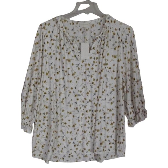 Melloday Blouse Womens Size 2X White Gold Floral Print Ruffle V-neck textured - Picture 1 of 12